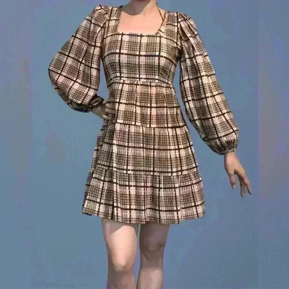 Plaid Square-Neck Puff Sleeve Mini Dress - Beige